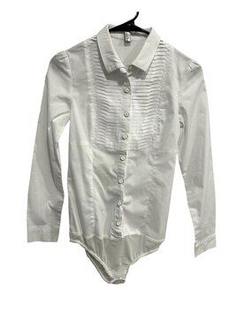 Koja Medium White Long Sleeve Tuxedo Button Down Bodysuit Pintuck Retro
